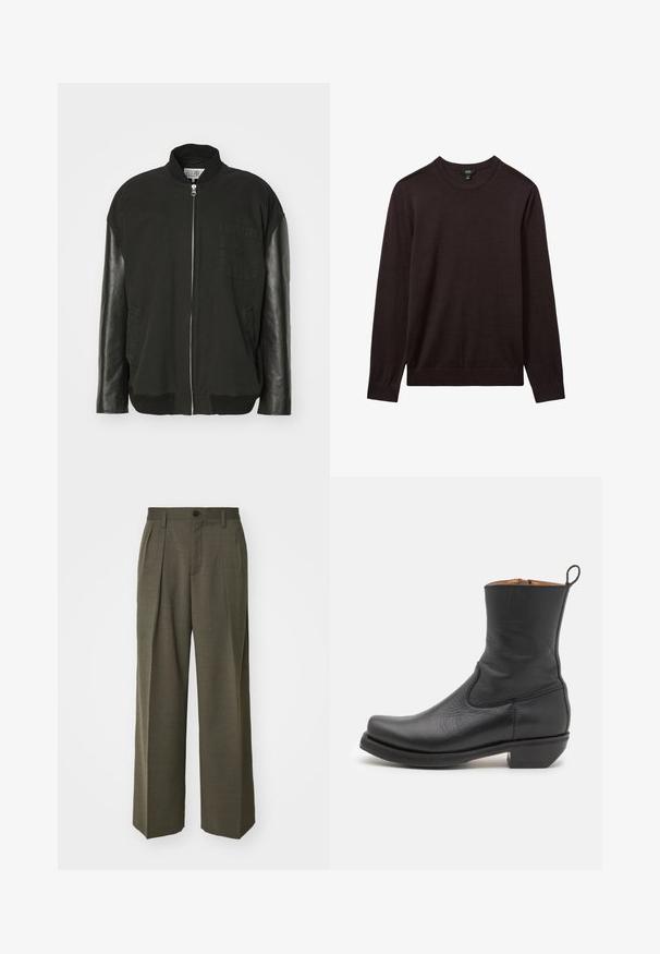 Melnā bumbiera jaka ar kokvilnas korpusu, ādas piedurknēm, priekšējo rāvējslēdzēju un krūšu kabatu ar smalku rakstu izšuvumu.; Reiss Džemperis - dark bordeaux; Filippa K WIDE TROUSERS - Auduma bikses - driftwood; Melna ādas potītes zābaks ar gludu tekstūru, šauru profilu, sānu šuvēm un zemu kvadrātveida papēdi. Aiz muguras ir pievilkšanas cilpa.
