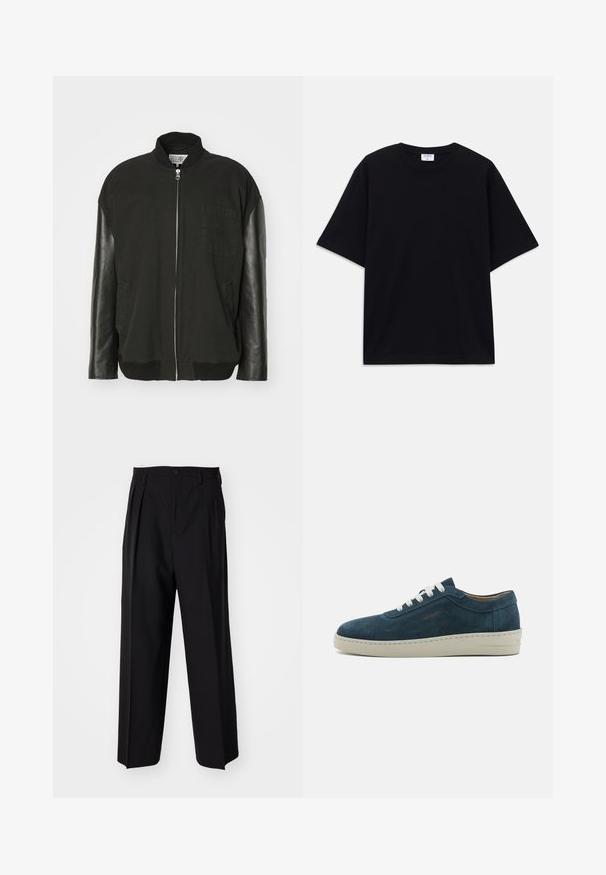 Μαύρο bomber μπουφάν με βαμβακερό σώμα, δερμάτινα μανίκια, εμπρόσθιο φερμουάρ και τσέπη στο στήθος με διακριτική λεπτομέρεια σχεδίου.; Μαύρο κοντομάνικο oversized T-shirt με στρογγυλή λαιμόκοψη και ορατή ετικέτα μάρκας Filippa K μέσα στον γιακά.; Μαύροι πιέτες παντελόνια με ίσια, φαρδιά γραμμή. Κατασκευασμένα από λείο ύφασμα, με κλείσιμο με κουμπί και θηλιές για ζώνη.; Μπλε σουέτ αθλητικά παπούτσια με στρογγυλή μύτη, λευκές χορδές και καουτσούκ σόλα. Διαθέτουν διακριτές ραφές και μια επώνυμη λεπτομέρεια στο πλάι.