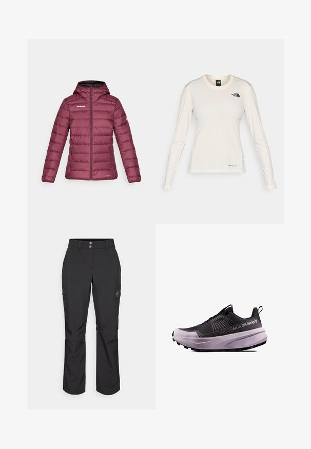 Mörkröd isolerad jacka med huva, som har horisontell sömnad, dragkedja fram och logotyp på vänster bröst och ärm.; The North Face SHADOW LONG SLEEVE - Långärmad tröja - white dune; Svarta utomhusbyxor med rak passform, med knappstängning, fickor med dragkedja på sidan och en logotypapplikation på vänster lår.; Svart och lila trailrunsko med en strukturerad överdel, dämpad sula och framträdande logotyp. Har en snörningsdesign och hållbart mönster.