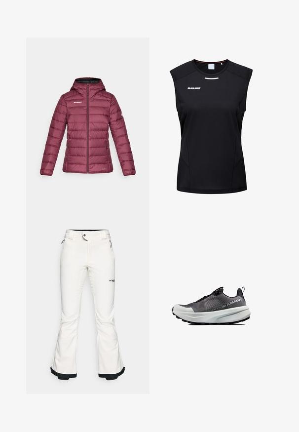 Bordowa kurtka ocieplana z kapturem, z poziomym przeszyciem, zamek błyskawiczny z przodu oraz logo na lewej piersi i rękawie.; Mammut - Top; Białe spodnie narciarskie wykonane z miękkiego, elastycznego materiału. Posiadają dopasowaną talię, szerokie nogawki w kształcie dzwonów oraz czarne wykończenia na mankietach. Widoczne logo marki.; Czarne buty sportowe z siateczkową cholewką, białą, amortyzującą podeszwą oraz solidną czarną podeszwą zewnętrzną. Posiadają uchwyt do zakupu i minimalistyczny system sznurowania.