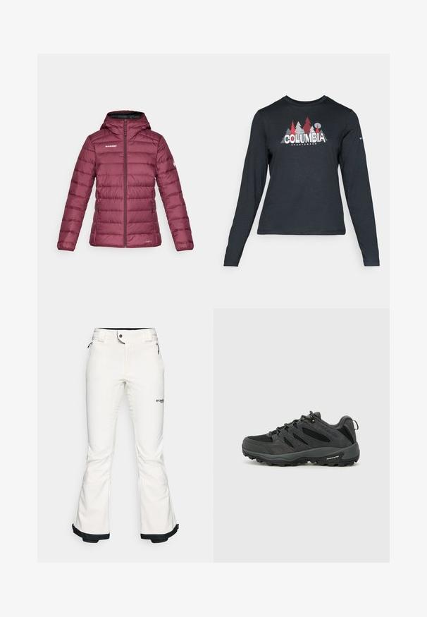 Bordo izolirana jakna s kapuco, ki ima horizontalne šive, zadrgo spredaj ter logo na levem prsnem delu in na rokavu.; Majica z dolgimi rokavi temno siva z grafiko rdečih dreves in gora; logotip "COLUMBIA" v krepki beli barvi. Mehka tkanina, standarden krojen ovratnik.; Bele smučarske hlače iz mehkega, fleksibilnega materiala. Imajo prilegajoč pas, široke razširjene noge in črno obrobo na koncih. Vidno je blagovno znamenje.; Columbia REDMOND - Pohodniški čevlji - black/citron haze