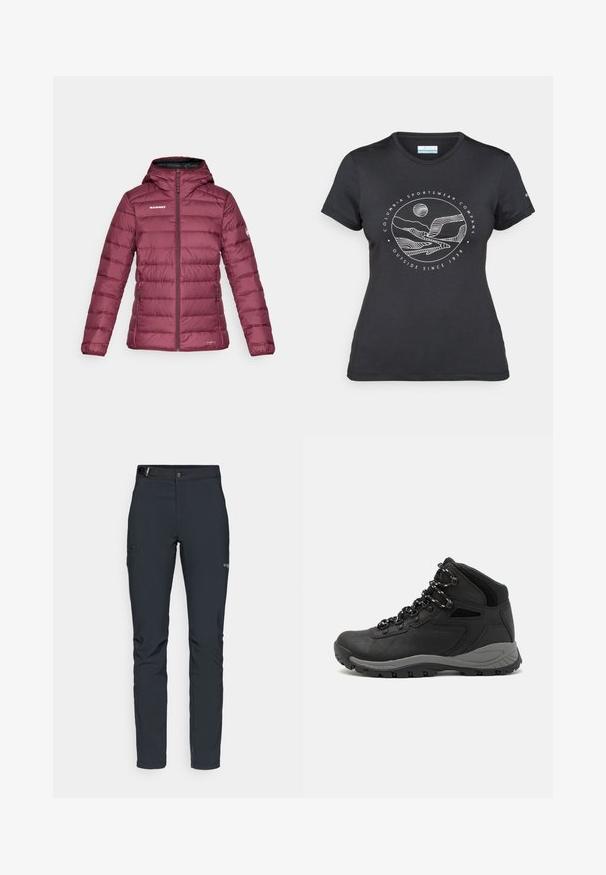 Jachetă izolată căpșuni cu glugă, cu cusături orizontale, fermoar frontal și logo pe pieptul stâng și pe mânecă.; Tricou negru Columbia cu artă liniară albă circulară reprezentând munți și un râu, împreună cu textul "Columbia Sportswear Company Afară din 1938."; Pantaloni de exterior pentru bărbați, gri închis, fabricați dintr-un material flexibil, cu un brâu, buzunare cu fermoar și cusături consolidate.; Botă de drumeție neagră cu un design mediu, având un material texturat, accente gri și o talpă din cauciuc durabilă cu crampoane pentru aderență.