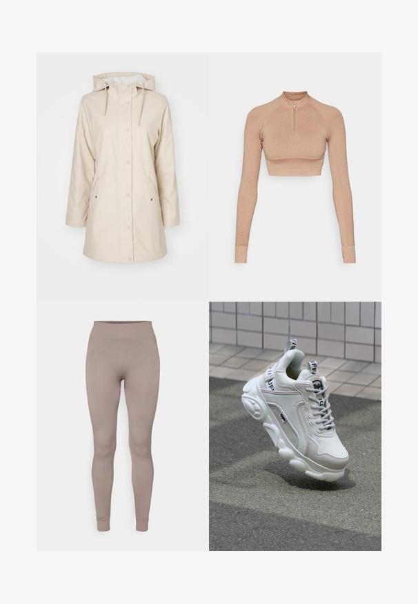 Beige regnfrakke med hætte, trykknapper og sidelommer. Lavet af glat, vandtæt materiale. Har en blød foring.; Langærmet crop top i en lys beige farve med struktureret diamantmønster, kvart lynlås lukning og tætsiddende ærmer med ribbede manchetter.; Ribbet leggings i en blød taupe farve, med høj talje, smal pasform og tætsiddende ankler. Fremstillet af et tekstureret, strækbart stof.; Hvide sneakers med mesh- og lædermaterialer, rund tå, tyk sål, fremtrædende snørebånd og branding på hælen og tungen.