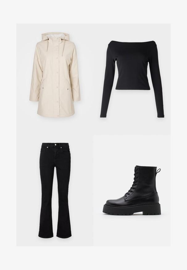 Capa de chuva bege com capuz, botões de pressão e bolsos laterais. Feita de material liso e impermeável. Apresenta um forro suave.; Top preto de mangas longas com decote off-the-shoulder. Feito de um tecido liso e elástico. Design curto com silhueta ajustada.; Calças de ganga pretas a flare, com cintura média, bolsos frontais e fecho com botão. Textura suave com detalhes de costura mínimos.; Botas de couro pretas até ao tornozelo, com bico redondo, atacador na frente e uma sola de borracha espessa com um padrão texturizado. Alça na parte de trás.