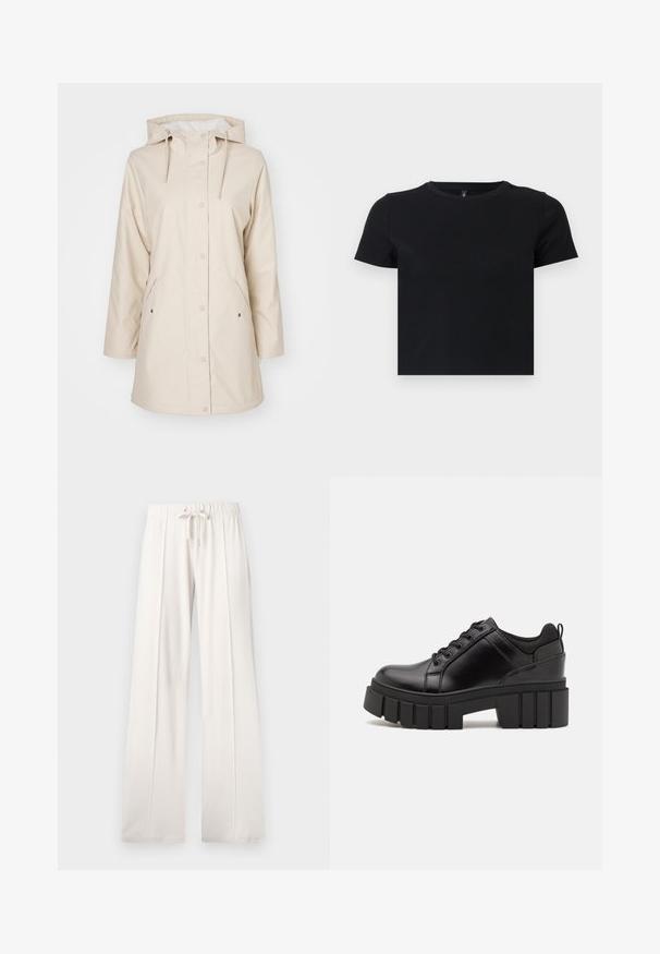 Capa de chuva bege com capuz, botões de pressão e bolsos laterais. Feita de material liso e impermeável. Apresenta um forro suave.; T-shirt preto de manga curta feito de algodão suave. Apresenta um decote redondo e um design ajustado. Textura suave sem padrões ou detalhes.; Calças de fato de treino beija claro, feitas de um tecido suave, com cintura elástica ajustável, pernas largas e costuras verticais, apresentando uma textura lisa.; Sapatos de plataforma em couro preto com um salto bloco robusto, bico redondo e design clássico de atacadores. Apresentam uma textura suave e detalhes mínimos.
