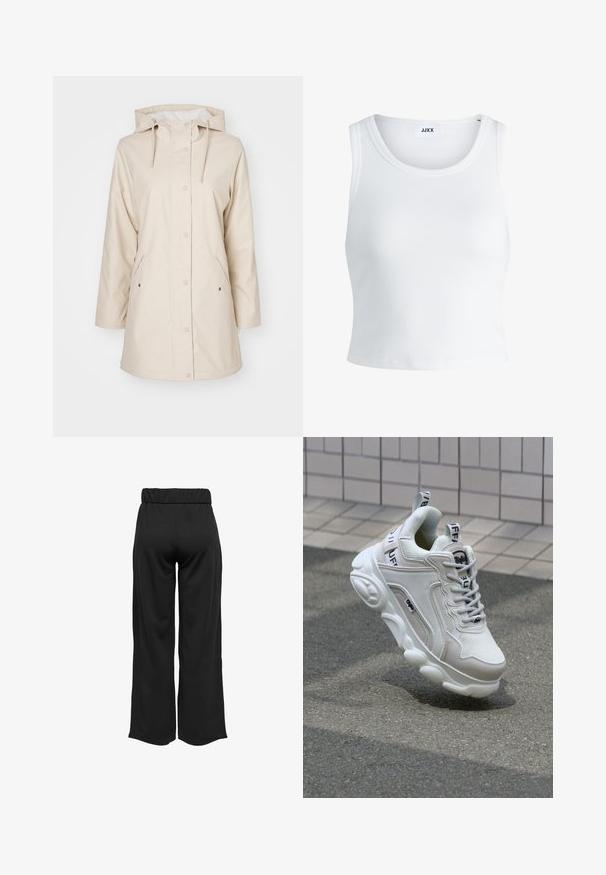 Beige regnfrakke med hætte, trykknapper og sidelommer. Lavet af glat, vandtæt materiale. Har en blød foring.; Hvid ribbet tanktop med rund halsudskæring, ærmeløs design og cropped længde. Etiketten står der "JJXX." Glat stoftekstur.; Sorte, vide bukser med elastisk talje, lavet af glat stof. Har et enkelt design uden lommer eller synlige sømdetaljer.; Hvide sneakers med mesh- og lædermaterialer, rund tå, tyk sål, fremtrædende snørebånd og branding på hælen og tungen.