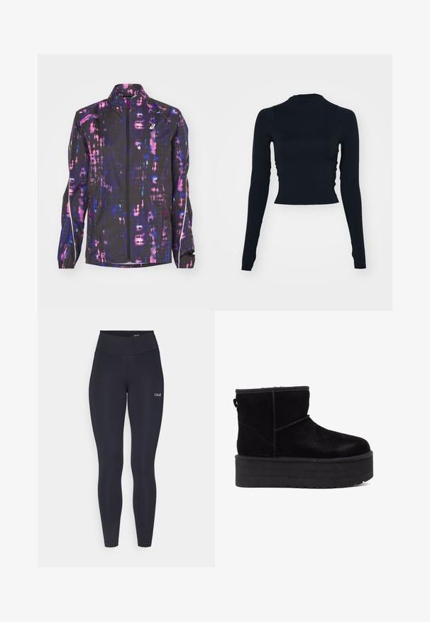 Black lightweight jacket featuring a multicolored abstract pattern in purple and pink, with a high collar and zippered front.; Black, long-sleeve cropped top with a high neckline. Made of smooth, fitted material with no visible patterns or accents.; Black leggings with a high waistband, made from stretchy fabric, featuring a small white logo on the thigh and smooth texture.; Black suede ankle boots with a thick platform sole and soft lining. Finished with stitching accents and a rear pull tab for easy wear.