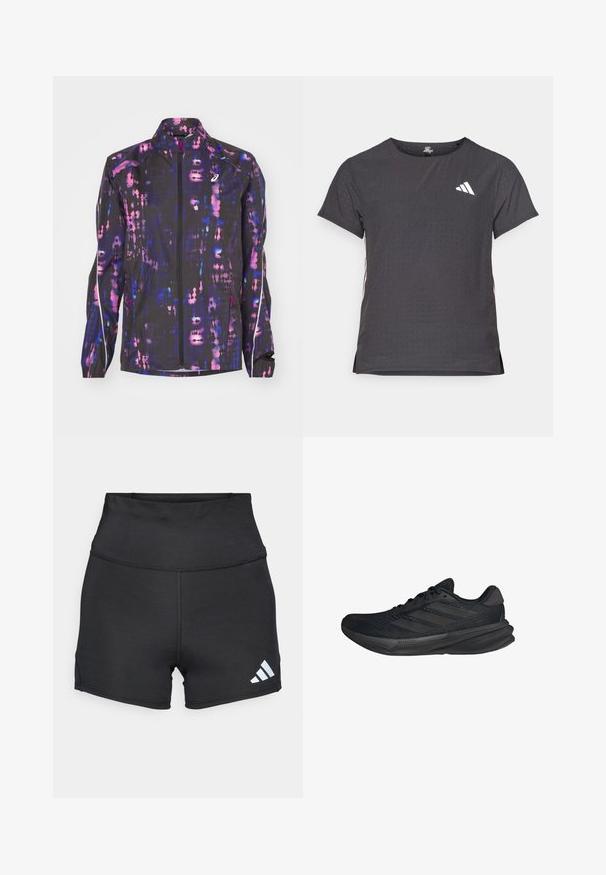 Black lightweight jacket featuring a multicolored abstract pattern in purple and pink, with a high collar and zippered front.; Short-sleeve athletic t-shirt, dark gray with perforated texture. Features a white logo and contrasting side stripes. Rounded neckline.; adidas Performance Leggings - black; Black athletic shoes with a mesh upper, streamlined shape, flat sole, and three diagonal stripes on the side. Lightweight design for comfort.