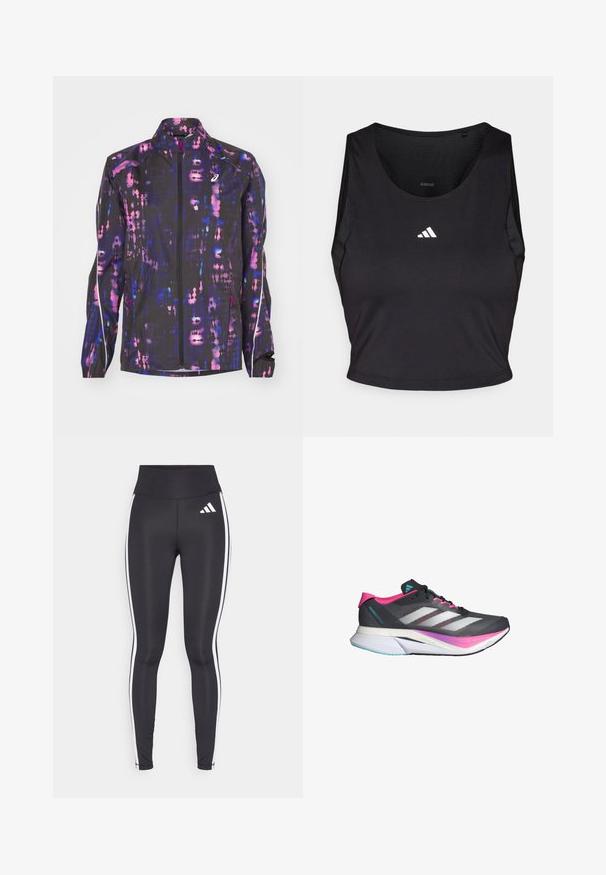 Veste légère noire avec un motif abstrait multicolore en violet et rose, dotée d'un col haut et d'une fermeture éclair à l'avant.; Crop top de sport noir en tissu évacuant l'humidité, avec un col rond, sans manches, et logo blanc sur la poitrine.; Leggings noirs taille haute, avec des rayures blanches sur les côtés et un petit logo blanc sur la cuisse gauche. Fabriqués dans un matériau lisse et extensible.; Chaussure de course avec une tige en maille grise, des accents roses et des rayures blanches. Dispose d'une semelle rembourrée et d'un design aérodynamique élégant.