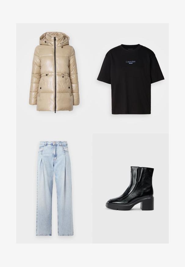 Beez värvi polsterdatud jakk, millel on läikiv viimistlus, kapuuts, tõmblukk ees, nööriga vöökoht ja kaks küljetaskut mustade lukudega.; Mustmust särk ümmarguse kaelusega, lühikeste varrukatega ja sinise tikandiga "Calvin Klein JEANS" logo ees.; Heledad sinise denimist valmistatud teksapüksid kõrge vöökohaga, laia jala lõikega, kahe külje taskuga ja pleedi disainiga. Pehme tekstuur ja pleekinud viimistlus.; Mustmustest must paeltega särkide, millel on kõver varvas, elastsed külgpaneelid ja jäme plokkpealse. Tagaküljel on reljeefne logo.