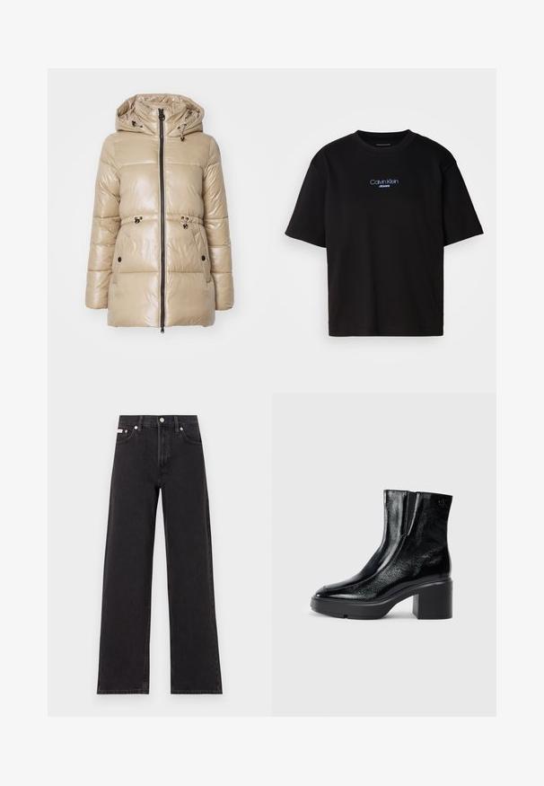 Beige padded jacket with a shiny finish, featuring a hood, zip front, drawstring waist, and two side pockets with black fasteners.; Black cotton t-shirt with a round neck, short sleeves, and blue embroidered "Calvin Klein JEANS" logo on the front.; Black wide-leg jeans made of denim, featuring a high-rise waist, five-pocket styling, and a metal button closure with contrasting stitching.; Black patent leather ankle boots with a curved toe, elastic side panels, and a chunky block heel. Features embossed logo on the back.