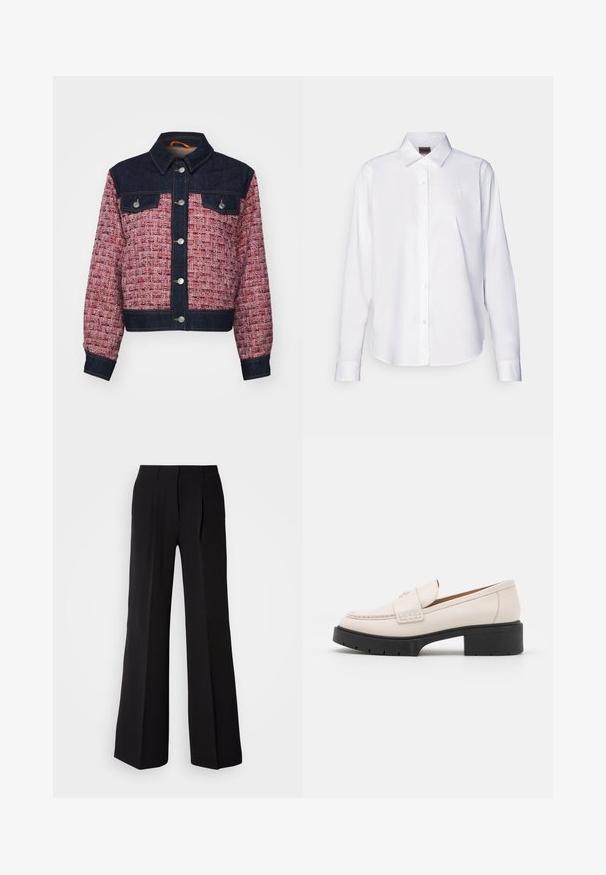 Teksaskangas ja tekstureeritud riie jakki, millel on tume sinine õlg, kontrastse roosa ja punase kudumiga keha, näppnuppe ja kaks rinna taskut.; Valge pika varrukaga nööbiga särk, mis on valmistatud puuvillast. Omab klassikalist kraed ja diskreetset brändi tikandit rinnal. Sile tekstuur.; Mustadest ühtlasest kangast püksid, mis on kõrge vöökohaga, laia säärepikkusega ja kahel ees oleval voldil lisatud disaini detailideks.; Heled paar heleda beezžilederist valmistatud mokassiinide, millel on õmmeldud esiosa ja tekstureeritud must platvormkonts. Omab kaardus disaini ja kerget tõstet.