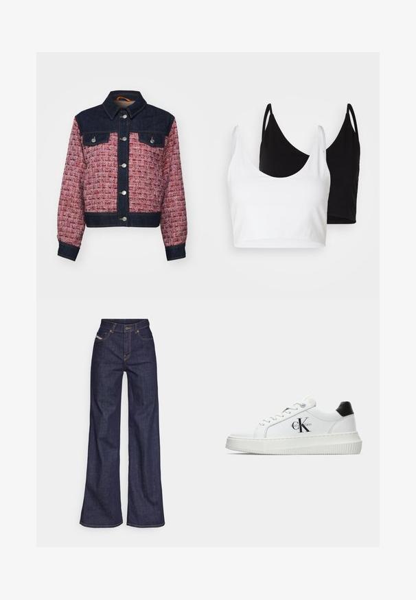 Jeansjakke i teksturert stoff med mørkeblå yoke, kontrasterende rosa og rødt vevd kropp, trykknapper og to brystlommer.; To bomulls t-skjorter i hvit og svart. Hver har en dyp utringning og tynne skulderstropper, med en glatt og myk tekstur.; Mørkeblå vide jeans i denim med høy midje, med oransje sømmer, fem-lomme-design og knappelukking.; Hvite lavsko med svart hæltab, plattformsåle, snøringer og Calvin Klein "CK" logo på siden.