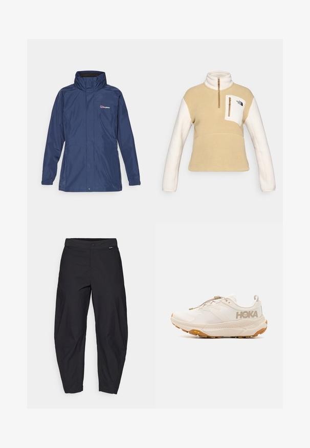 Navy waterproof jacket with a high collar, zip front, and two side pockets. Features subtle stitching and a logo on the left chest.; The North Face YUMIORI 1/4 ZIP - Fleece jumper - khaki stone/white dune/utility brown; Black, loose-fitting pants with a button closure and side pockets, displayed against a white background.; HOKA TRANSPORT - Hiking shoes - eggnog