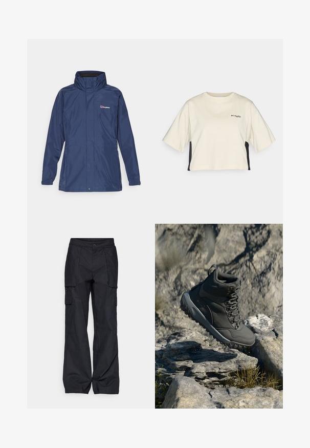 Navy waterproof jacket with a high collar, zip front, and two side pockets. Features subtle stitching and a logo on the left chest.; Cream-colored cropped t-shirt with a round neck, short sleeves, and black side panels; features a small black logo on the chest.; Columbia BREA FALLS™ COTTON RIPSTOP PANT - Outdoor trousers - black; Dark gray hiking boot made of synthetic material, featuring a padded collar, metal eyelets, and textured rubber sole for traction.