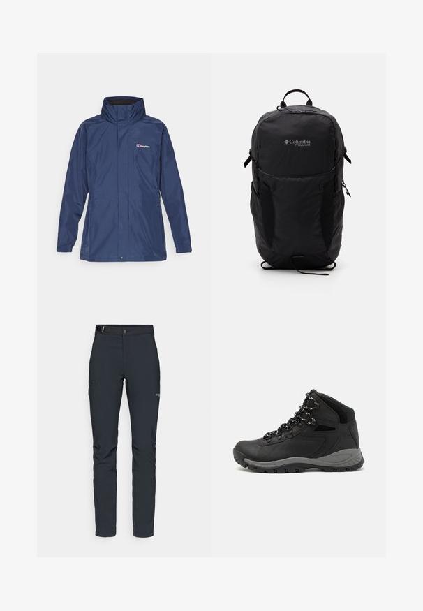 Marinblå vattentät jacka med hög krage, dragkedja framtill och två sidofickor. Har diskret sömnad och en logotyp på vänster bröst.; Svart Columbia-t-shirt med vit cirkulär linjekonst av berg och flod samt texten "Columbia Sportswear Company Outside Since 1938."; Herrernas utomhusbyxor, mörkgrå, tillverkade av flexibelt material, med ett bälte, zip-fickor och förstärkt sömnad.; Svart vandringskänga med mellanhög design, som har en texturerad överdel, grå accenter och en slitstark gummisula med greppklackar.; Svart Columbia Titanium ryggsäck med en mjuk tygstruktur, sidofickor, handtag upptill och justerbara remmar. Minimalistisk design med diskret märkning.
