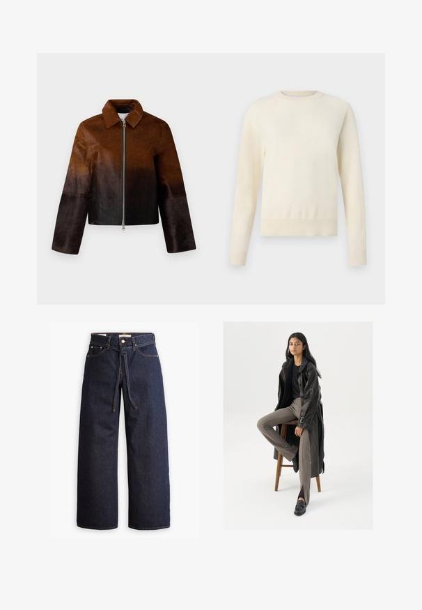 Ruda odinė striukė su šviesaus į tamsų gradientu, užtrauktuku, smailiu apykaklė ir sutrumpintu dizainu su plačiomis rankovėmis.; Šviesiai kreminės spalvos megztinis su ilgomis rankovėmis, apvaliu iškirpimu ir raukšlėtu apvadu. Pagamintas iš minkštos medžiagos, pasižymi lygiu paviršiumi.; Plačios kojų tamsiai mėlynos džinsinės kelnės su aukštu liemeniu, turinčios raištį, penkias kišenes ir kontrastingas siūles.; Juodas odinis ilgas paltas su mygtukais ir diržo detalėmis, derinamas su šviesiai rudomis prigludusiomis kelnėmis ir juodais loaferiais, sėdintis ant medinės taburetės.