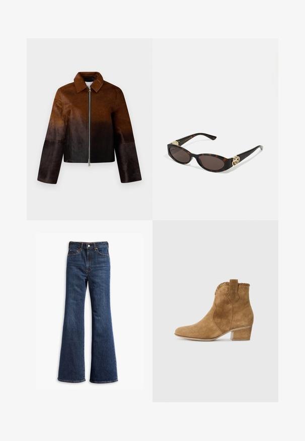Casaco de couro marrom com um degradê do claro para o escuro, fecho zip, colarinho pontudo e design curto com mangas largas.; Camisa branca de botão, feita de algodão suave, com colarinho clássico, apresentando uma bainha reta e botões bege na frente.; Jeans de ganga escura de cintura alta com pernas largas, fecho de botão e zipper na frente, e design de cinco bolsos.; Bota ankle em camurça bege com bico fino, acabamento texturizado no colarinho e salto bloco. Apresenta uma aba para facilitar o calce.; Óculos de sol de tartaruga com lentes ovais alongadas, tom castanho, acentos de logotipo dourado nas hastes e hastes pretas elegantes.; Bolsa tote em efeitos de camurça castanha, com duas alças robustas, uma forma estruturada e um design minimalista, apresentando sutis acabamentos de costura.