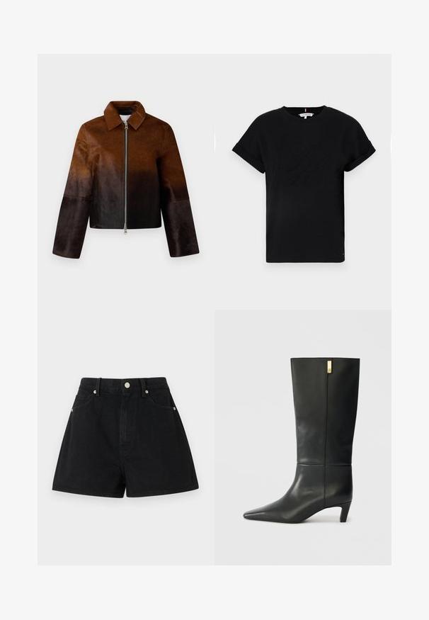 Casaco de couro marrom com um degradê do claro para o escuro, fecho zip, colarinho pontudo e design curto com mangas largas.; T-shirt preta de algodão com mangas curtas dobradas, apresentando um logotipo em relevo no centro e um pequeno detalhe de bandeira na lateral.; Calções de ganga pretos com cintura alta, cinco bolsos, acessórios em prata e um ajuste padrão, apresentando uma textura suave e um acabamento limpo.; Bota de couro preto até ao joelho com bico fino e um pequeno tacão. Apresenta um design elegante com um detalhe em dourado. Textura suave.