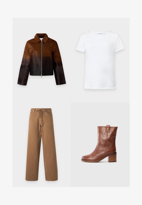 Pruun nahkjakk, millel on kerge kuni tumeda gradient, tõmblukuga lukustus, terav krae ja lühike lõige ning laiad varrukad.; Valge lühikeste varrukatega T-särk, valmistatud puuvillast, ümmarguse kaelusega. Sile tekstuur ja sirge lõige, ilma mustrite või aktsentideta.; Pruunid laiad püksid, mis on valmistatud puuvillast, elastse vöökoha ja kahe esimese taskuga. Pind struktuurne, kuid sile.; Pruunist nahast keskpika säärega saapad, millel on plokk-kand ja kuldne logo silt küljel, esitatud profiilis valgel taustal.