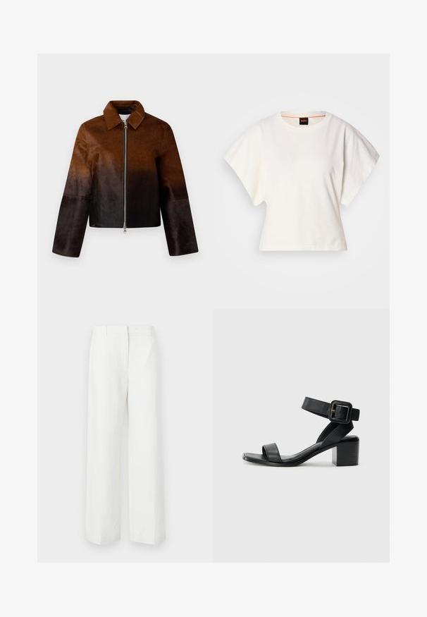 Smeđa kožna jakna sa gradijentom od svijetle do tamne boje, zatvaranje na patentni zatvarač, šiljati ovratnik i skraćeni dizajn sa širokim rukavima.; Bijeli skraćeni T-shirt, široke kratke rukave, mekani pamučni materijal, okrugli izrez s suptilnim narančastim detaljem, minimalistički dizajn, bez uzoraka ili grafika.; Bijele hlače širokih nogavica glatke teksture, s ravnim prednjim dijelom i pregibima. Izrađene od lagane tkanine, bez vidljivih uzoraka.; Crne kožne sandale s potpeticom, s podesivim remenom za gležanj, otvorenim prstima i kvadratnom blok petom. Glatka tekstura, minimalistički stil.