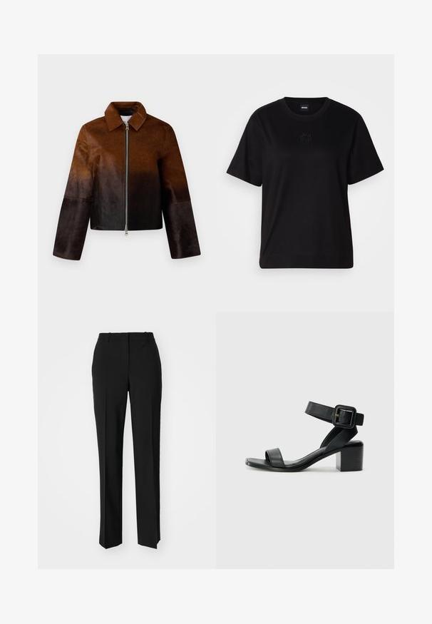 Jachetă din piele maro cu un gradient de la deschis la închis, închidere cu fermoar, guler ascuțit și design scurt cu mâneci largi.; T-shirt negru din bumbac, cu guler rotund, mâneci scurte și un logo brodat pe piept. Design simplu, cu o croială relaxată și fără modele.; Pantaloni negri tailor-ed cu un design drept, având o textură fină și cute clare pe față. Fără elemente de prindere vizibile.; Sandale cu toc din piele neagră, cu bareta de gleznă ajustabilă, design cu vârf deschis și toc pătrat. Textură netedă, stil minimal.