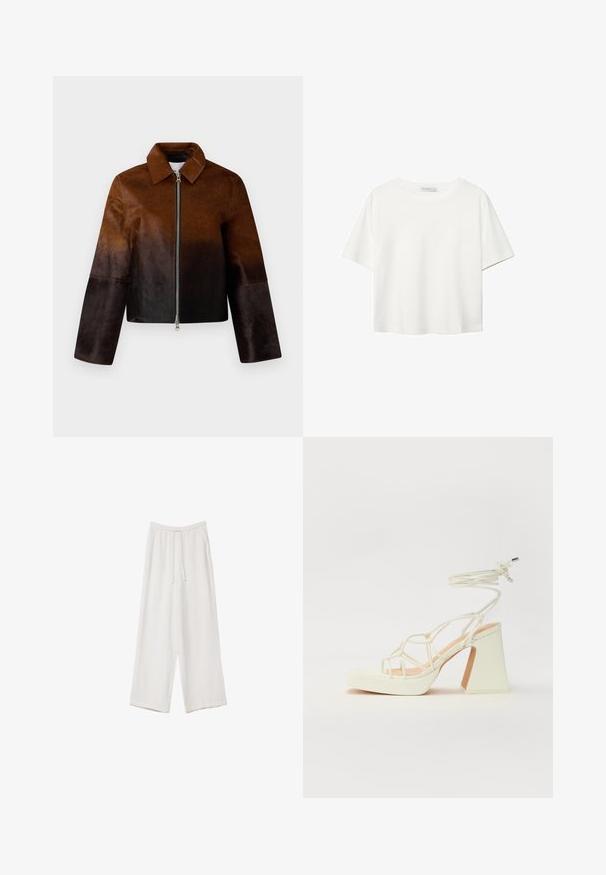 Braune Lederjacke mit einem Farbverlauf von hell nach dunkel, Reißverschluss, spitzen Kragen und kurzer Passform mit weiten Ärmeln.; Weißes T-Shirt mit kurzen Ärmeln aus Baumwolle. Hat einen Rundhalsausschnitt und eine lockere Passform. Glatte Textur ohne sichtbare Muster oder Akzente.; Weiße weit geschnittene Hose aus leichtem Stoff. Mit einem elastischen Bund und Kordelzug sowie Seitentaschen. Glatte Textur.; Weiße High-Heel-Sandale mit einem klobigen Absatz, die über ein Riemchendesign und ein Knöchelband verfügt. Glatte Textur mit einer Plattform vorne für zusätzliche Höhe.