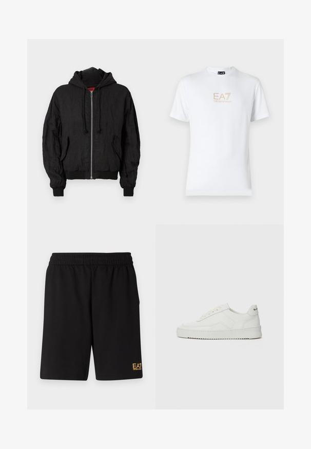 Svart bomberjacka gjord av lättviktigt tyg, med en huva, framdragkedja, ribbade muddar och en avslappnad passform. Två sidofickor ingår.; Vit bomull t-shirt med rund halsringning och korta ärmar, med en guld EA7 Emporio Armani-logotyp tryckt på framsidan.; Svarta träningsshorts i mjukt tyg, med ett elastiskt midjeband och en liten gul EA7-logotyp på nedre vänstra benet.; Vita lädersneakers med en jämn yta, rund tå, platta snörningar och en strukturerad sula. Har en diskret logotyp på hälen.
