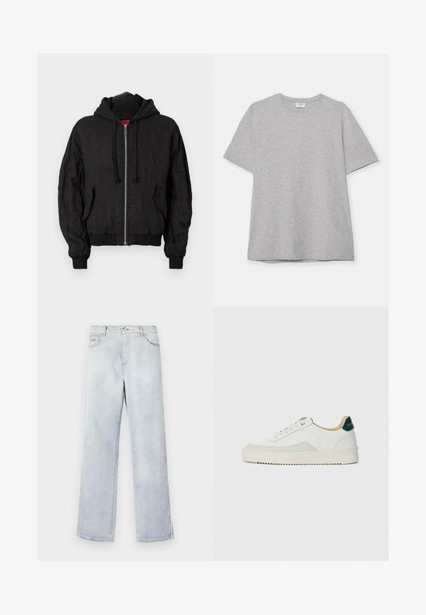 Juodas bomber stiliaus švarkas pagamintas iš lengvos medžiagos, turi gobtuvą, priekinį užtrauktuką, gumuotas rankoves ir laisvą kirpimą. Įrengtos dvi šoninės kišenės.; Pilkas trumpas rankovėmis marškinėliai, pagaminti iš minkštos, tekstūruotos medžiagos. Turi klasikinį apvalų kaklą ir tiesų apatinį kraštą, tinkamą kasdieniam dėvėjimui.; Šviesiai mėlynos džinsinės kelnės su tiesia kojų forma, pasižyminčios mygtuko uždarymu, penkiais kišenėmis ir kontrastine siūle.; Baltos sportbačiai su zomšos akcentais, apvaliu nosiu, plokščiais raišteliais ir kreminės spalvos guminiu padu. Ant kulno yra žalia ženklinimo detalė.