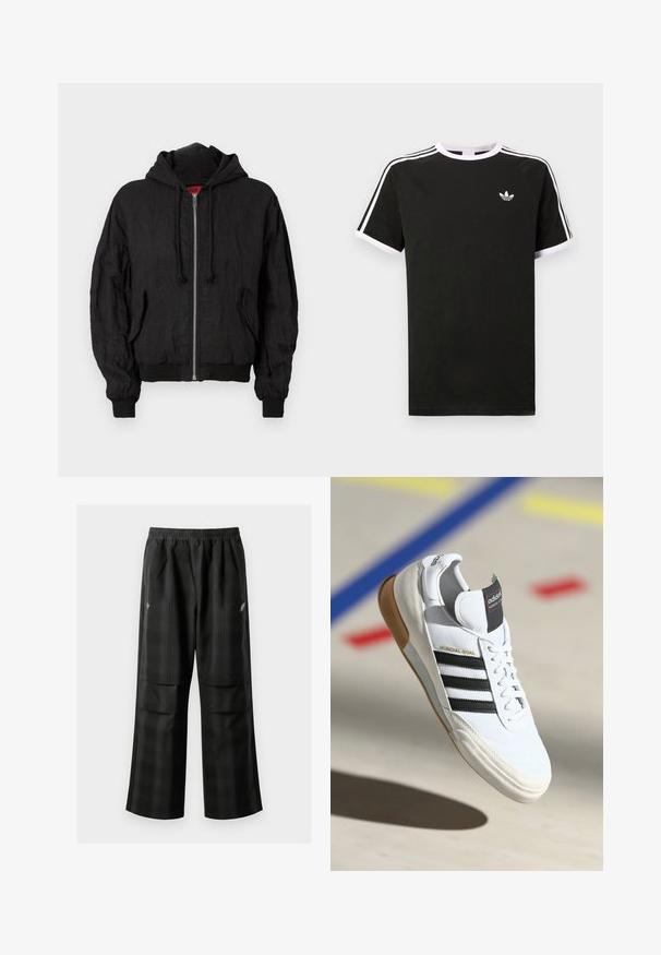 Czarna kurtka bombowa wykonana z lekkiego materiału, z kapturem, przednim zamkiem, ściągaczami na rękawach oraz luźnym krojem. Zawiera dwie boczne kieszenie.; Czarny t-shirt wykonany z bawełny z białymi akcentami. Posiada krótkie rękawy, fason raglanowy oraz małe logo na klatce piersiowej. Trzy białe paski na ramionach.; Czarne spodnie w kratę z elastycznym pasem, dwoma przednimi kieszeniami i luźnym krojem ze prostymi nogawkami. Wykonane z lekkiego materiału.; Białe sneakersy Adidas Mundial Goal z czarnymi paskami i gumową podeszwą, pokazywane w powietrzu nad podłogą boiska sportowego z kolorowymi liniami.
