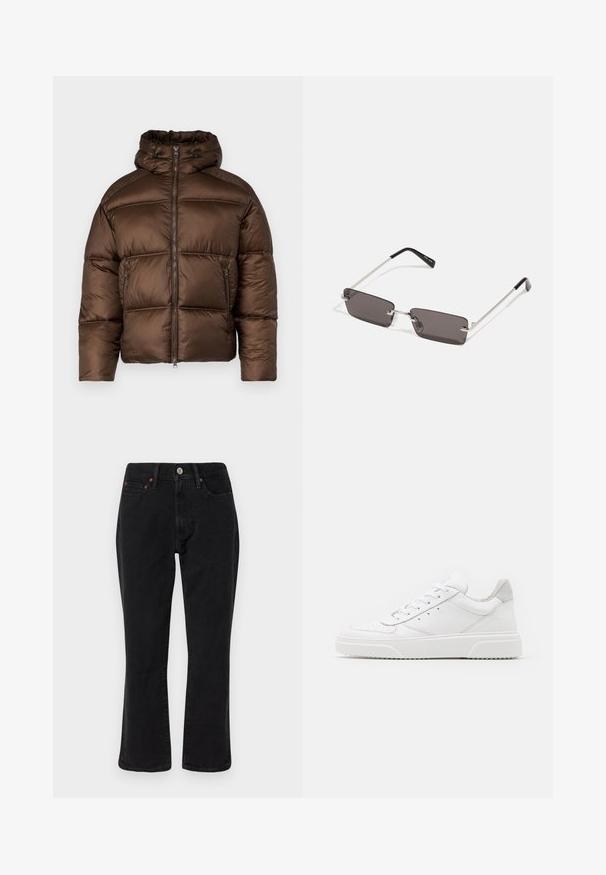 Rudas pūkinis džemperis su aukštu apykakle, priekiniais užtrauktukais ir dviem šoniniais kišenėmis. Yra pamušalu siuvinėta konstrukcija ir lygus, blizgus paviršius.; Juodas ir pilkas langeliais švarkas su apykakle, mygtukų priekine dalimi ir dviem krūtinės kišenėmis. Pagamintas iš tekstūruotos medžiagos.; Juodi džinsai išdenimo, tiesaus kirpimo, su penkiomis kišenėmis ir metalinėmis detalėmis su vario akcentais. Glotni tekstūra ir vidutinė liemens linija.; Balti odiniai sportbačiai su lygiu paviršiumi, apvaliu pirštu, plokščiomis raištelėmis ir struktūrizuota padu. Pilko zimšo akcentas ant kulno.; Akiniai nuo saulės su stačiakampiais, tamsiai pilkais lęšiais, sidabriniais metaliniais rėmeliais ir juodais plastikiniais galiukais. Lengvas dizainas su nosies pagalvėlėmis.