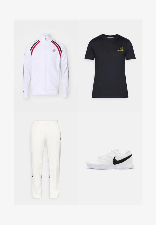 Sergio Tacchini GHIBLI TRACKTOP - Training jacket - white/maritime blue/adrenaline rush; Black short-sleeve t-shirt made of cotton. Features a yellow logo printed on the left chest. Classic round neckline, smooth texture.; White jogger pants made of soft fabric, featuring side pockets and colored stripes at the ankle with orange and blue accents.; White athletic shoes featuring a textured upper, black Nike swoosh, padded collar, and a solid rubber outsole with patterned tread.