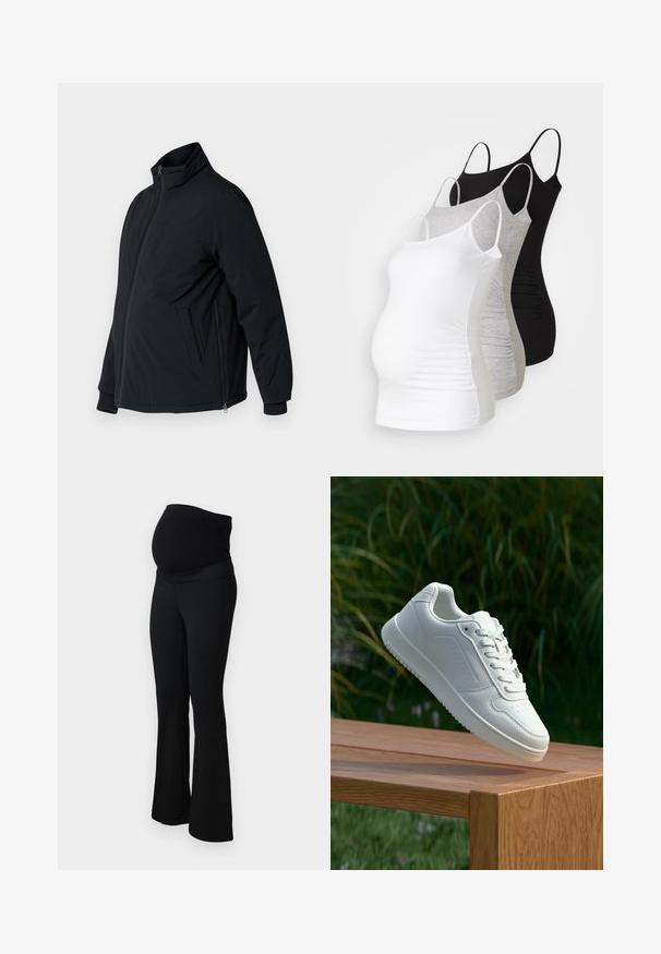 Chaqueta acolchada negra con cuello alto, bolsillos laterales y puños elásticos. Presenta un cierre frontal con cremallera y una textura suave.; Tres camisetas de maternidad sin mangas en blanco, gris y negro. Fabricadas con tejido elástico, tienen tirantes ajustables y costuras laterales fruncidas para mayor comodidad.; ONLY MATERNITY OLMPAIGE - Pantalones - black; Zapatilla blanca con un upper sintético suave, caja de dedos perforada, cordones planos y una suela texturizada, exhibida sobre una superficie de madera.