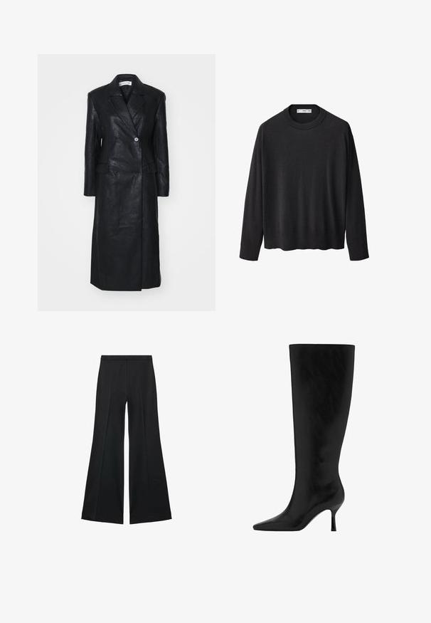 Geacă din piele neagră cu design cu două rânduri de nasturi, rever cu colțuri, buzunare frontale și o textură fină. De lungime întreagă, cu o siluetă dreaptă.; Pulover negru tricotat cu guler rotund rib confortabil, mâneci lungi și tiv drept. Textură moale, design minimalist și stil versatil.; Pantaloni negri cu croială largă, având o textură netedă, cu pliseuri frontale și un design croit. Materialul este ușor și fluid.; Botă din piele neagră, până la genunchi, cu vârf ascuțit și toc stiletto. Textură netedă cu un design elegant, fără hardware vizibil sau embellishments.