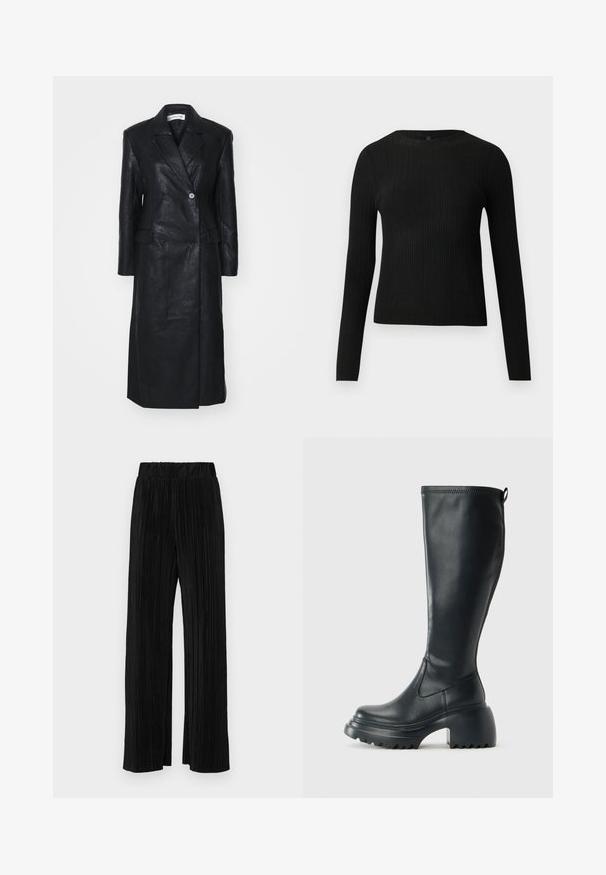 Cappotto in pelle nera con design doppiopetto, rever a punta, tasche frontali e una consistenza liscia. A lunghezza intera con silhouette dritta.; Maglione fitted a maniche lunghe nero a costine con scollo rotondo, esposto su uno sfondo chiaro e semplice.; Pantaloni neri a plissé con vita elasticizzata. Presentano gamba ampia e un tessuto liscio e texture con strisce verticali.; Stivale lungo in pelle nera con suola piatta robusta e tacco a blocco, dotato di linguetta e battistrada testurizzato sulla suola.