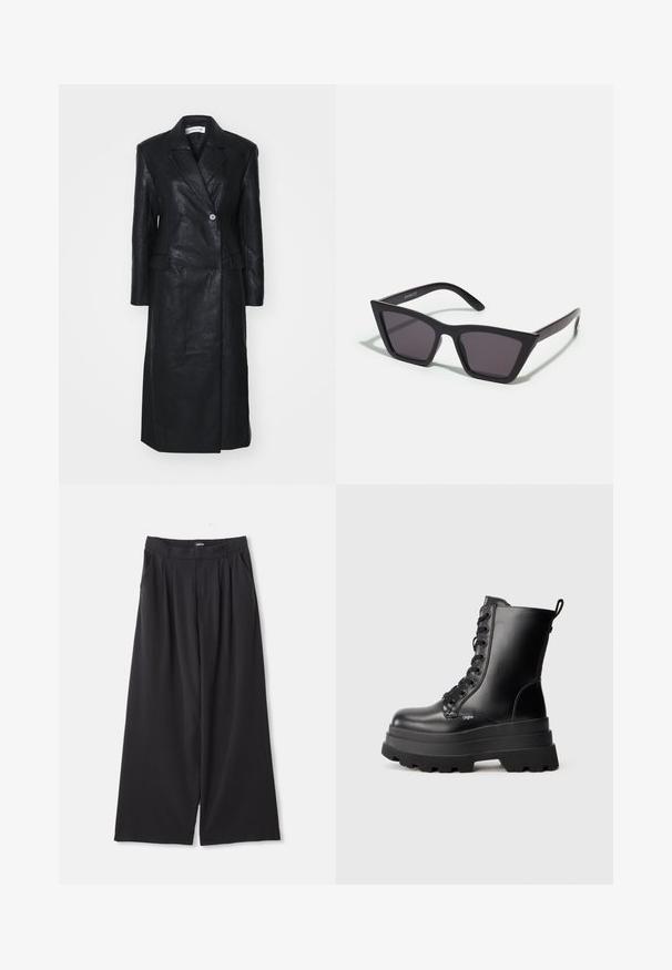 Juodasis odinis paltas su dvigubos segtuvų dizainu, įpjautomis apykaklėmis, priekinėmis kišenėmis ir lygi texture. Pilno ilgio su tiesia siluetu.; Juodas ilgas rankovės permatomas nėrinių viršus su gėlių raštu ir aukštu kaklu, turintis mažą volanėlę.; Juodos plačios kelnės su klostėmis, diržo kilpomis ir šoninėmis kišenėmis, išdėstytos ant balto fono.; Juodi auliniai batai su raišteliais, su masyviu platformos padu, lygaus odos paviršiaus ir traukimo juostos. Yra aštuoni kabliukai ir tekstūruotas padas.; Juodos, kampuotos saulės akinios su pilkais stiklais; pagaminti iš plastiko, su storomis šakėmis, turinčiomis lygų paviršių ir be matomų detalių.; Juodas šalikas, pagamintas iš minkštos, tekstūruotos medžiagos. Turi pakraščius su nusidėvėjimu ir stačiakampio formą, tinkamą nešioti aplink kaklą.