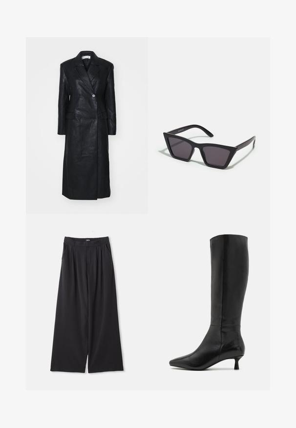 Crni kožni kaput s dvostrukim kopčanjem, uspravnim reverima, prednjim džepovima i glatkom teksturom. Punih je dužina s ravnim siluetom.; Crna dugačka majica s dugim rukavima od prozirne čipke s cvjetnim uzorkom i visokim izrezom koji uključuje mali volan.; Crne široke hlače s plitkim naborima, petljama za remen i bočnim džepovima, položene ravno na bijeloj pozadini.; Zign Čizme - black; Crne, uglaste sunčane naočale sa sivoj lećama; izrađene od plastike, imaju debele nogice s glatkom površinom i bez vidljivih metalnih dijelova.; Crna marama napravljena od mekane, teksturirane tkanine. Ima franjane rubove i pravokutni oblik, pogodna za omotavanje oko vrata.