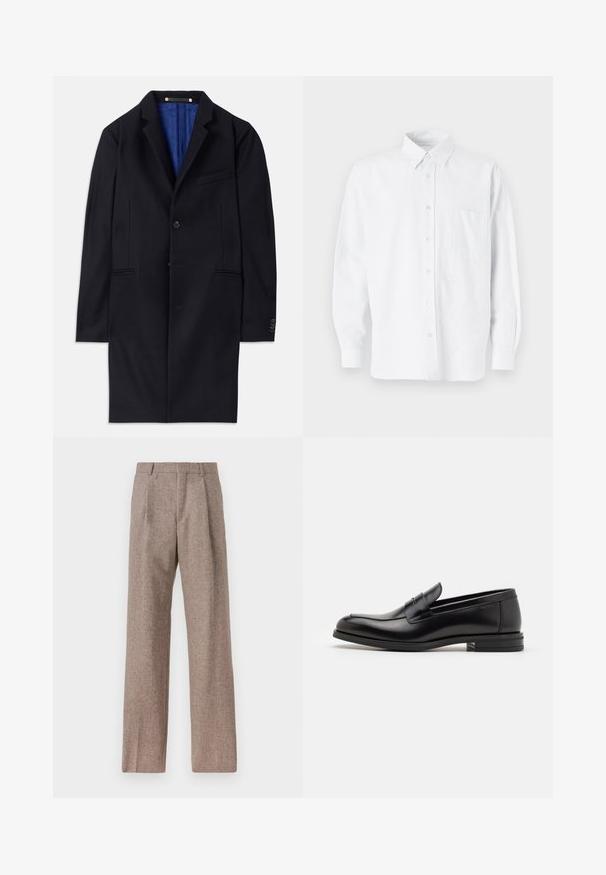 Navy uld frakke med en enkelt knaplukning, med slag og to sidelommer. Har en blå indvendig foring og minimale sømdetaljer.; Hvid skjorte med knapper og krave, prydet med diskrete lodrette striber, lange ærmer, en brystlomme og klassisk rundet kant.; Brune, højtaljede bukser lavet af tekstureret stof. Har brede ben og to frontfoldninger for struktur. Pæn finish uden synlig hardware.; Sorte læderloafers med en glat overflade, rund tå og en dekorativ strop over vampen. Lav hæl med stabeldesign, minimalistisk stil.