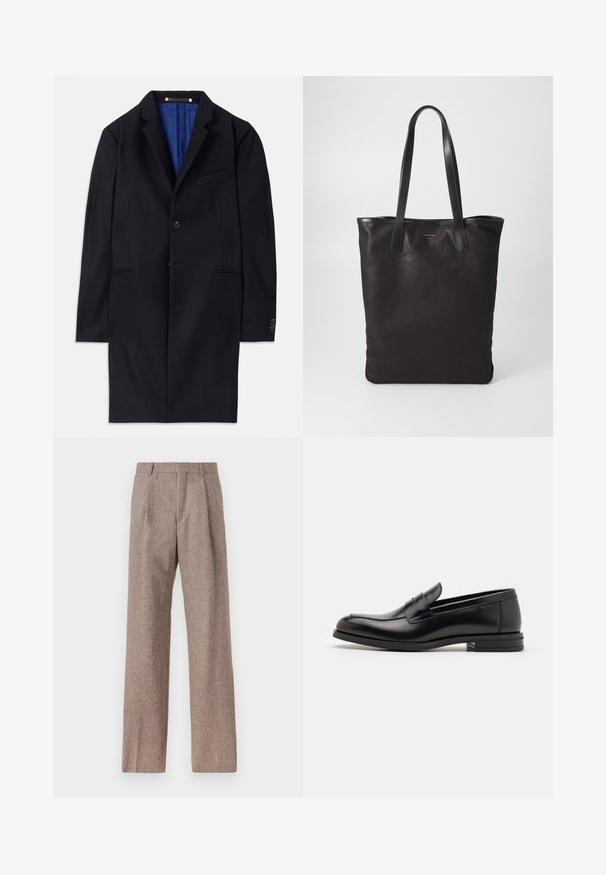 Tengeri gyapjú klasszikus kabát egy gombos záródással, kerekített hajtókákkal és két oldalsó zsebbel. Kék belső bélése van, és minimális varrási részletekkel rendelkezik.; Fehér gombos ing, gallérral, finom függőleges csíkokkal, hosszú ujjal, mellzsebekkel és klasszikus kerekített aljjal.; Barna, magas derekú nadrág texturált anyagból. Széles szárai és két elülső redője biztosítja a struktúrát. Ízléses kivitel, látható fémszerelés nélkül.; Fekete bőr loaferek sima textúrával, kerek orral és dekoratív pánttal a vampnál. Alacsony, rétegelt sarkú, minimalista dizájn.; Fekete vászontáska fekete bőr füllel. Egyszerű dizájn, tágas test és sima textúra. Nincsenek látható logók vagy minták.