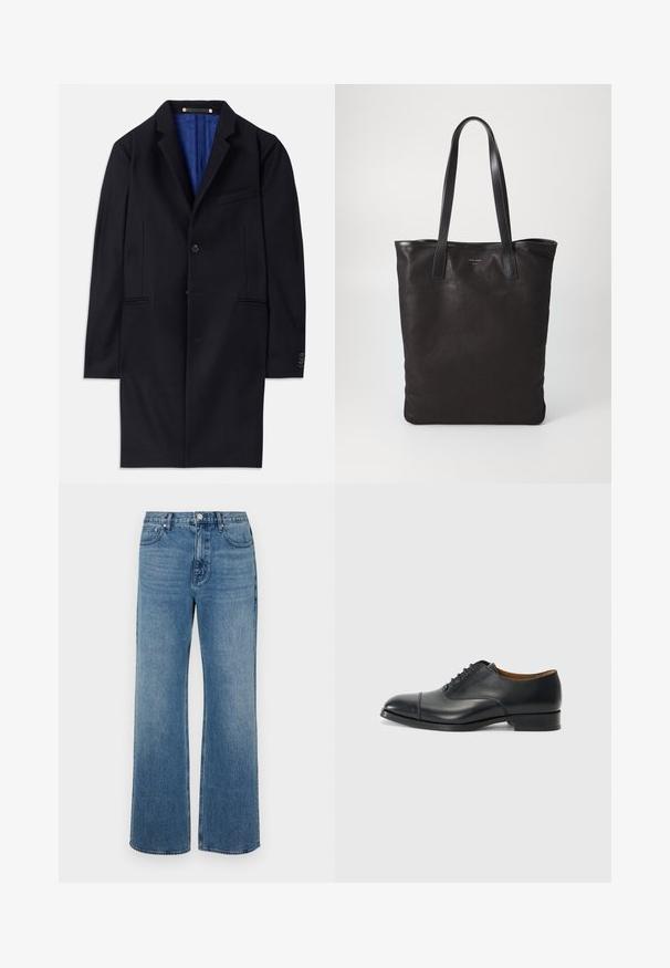 Abrigo de lana marino con cierre de un solo botón, solapas con muesca y dos bolsillos laterales. Cuenta con un forro interior azul y detalles de costura mínimos.; Camisa blanca de botones con cuello, con sutiles rayas verticales, mangas largas, un bolsillo en el pecho y un dobladillo redondeado clásico.; Pantalones vaqueros de pierna ancha en denim con un acabado desgastado. Presenta cinco bolsillos, un cierre de botón en la parte delantera y un corte recto.; Zapato de vestir de piel negra con un acabado suave, punta redondeada, cinco ojales para los cordones y tacón bajo en bloque. Diseño minimalista con costuras sutiles.; Bolsa tote de lona negra con asas de cuero negro. Diseño sencillo, cuerpo espacioso y textura suave. Sin logos ni patrones visibles.