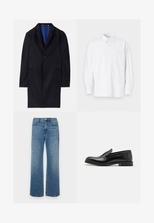 Jūrinės vilnos paltas su vieno mygtuko uždarymu, notch tipo apykakle ir dviem šoninėmis kišenėmis. Yra mėlynas pamušalas ir minimalūs siuvimo detalės.; Balta mygtukinė marškiniai su apykakle, turinti subtilias vertikalias juosteles, ilgomis rankovėmis, krūtinės kišene ir klasikiniais apvaliais kraštais.; Platus blaujos džinsai, pagaminti iš dėvėtos džinsinio audinio. Sukurtas su penkiomis kišenėmis, priekiniais sagčių uždarymu ir tiesiu kirpimu.; Juodos odinės loafers, turinčios lygų paviršių, apvalią noselę ir dekoratyvinę juostą per priekinę dalį. Žemas krentantis kulnas, minimalistinis dizainas.
