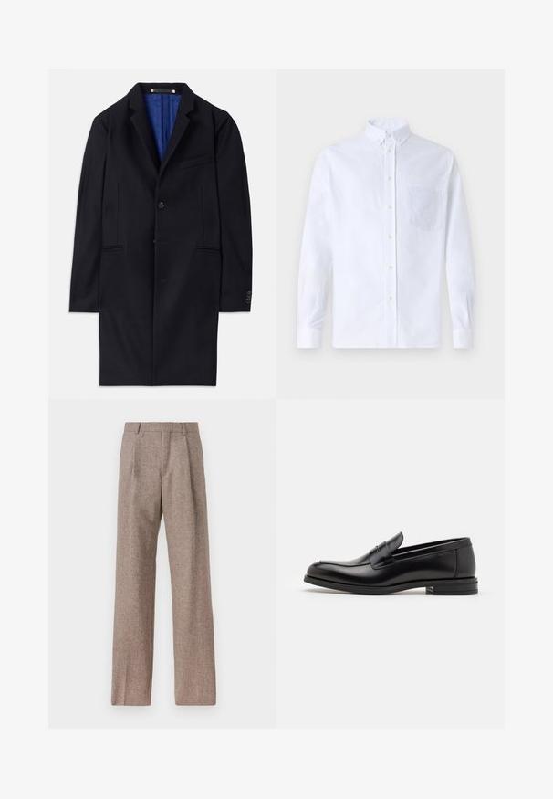 Marineblauwe wol overjas met een enkele knoopsluiting, ingeknipte revers en twee zijzakken. Voorzien van een blauwe binnenvoering en minimale stikdetails.; Witte lange mouwen overhemd van katoen, met een borstzak met tonale borduring, een kraag en knopenmanchetten.; Bruine, hooggewaisted broeken van een gestructureerde stof. Heeft wijde benen en twee voorplooien voor extra structuur. Net afgewerkt zonder zichtbare hardware.; Zwarte leren instappers met een gladde textuur, ronde neus en een decoratieve band over de wreef. Lage, gestapelde hak en minimalistisch ontwerp.