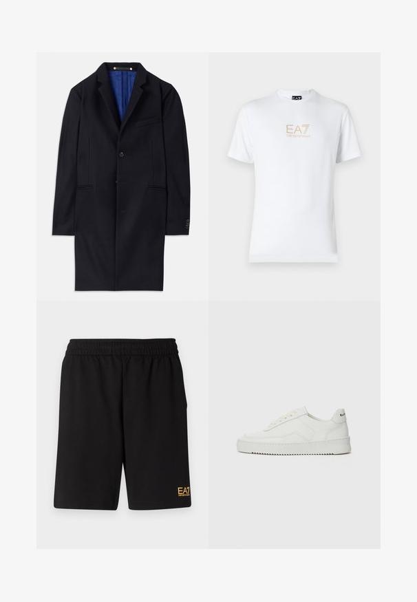 Tengeri gyapjú klasszikus kabát egy gombos záródással, kerekített hajtókákkal és két oldalsó zsebbel. Kék belső bélése van, és minimális varrási részletekkel rendelkezik.; Fehér pamut póló, kerek nyakkivágással és rövid ujjakkal, az elején arany EA7 Emporio Armani logóval nyomtatva.; Fekete sportnadrág puha anyagból, rugalmas derékkal és egy kis sárga EA7 logóval a bal alsó lábszáron.; Fehér bőr sportcipő sima felülettel, kerek orral, lapos fűzőkkel és texturált talppal. Finom logó található a sarokon.