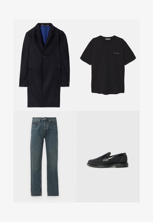 Mornarsko volneno plašč s posameznim zapiranjem na gumb, z zavihki in dvema stranskima žepoma. Ima modro notranjo podlogo in minimalne šivane detajle.; Črna bombažna majica s kratkimi rokavi in okroglim ovratnikom, z belim logotipom natisnjenim na levi prsni strani. Preprost, enobarven dizajn.; Temno modri denim kavbojke s ravno krojem, ki vključujejo pet žepov, gumbno zapiranje in kontrastne šive.; Črne pletene zavezane čevlje s gladkim usnjenim poudarkom na zgornjem delu, okroglo zasnovo nosu in nizkoprofilsko gumijasto podplat.