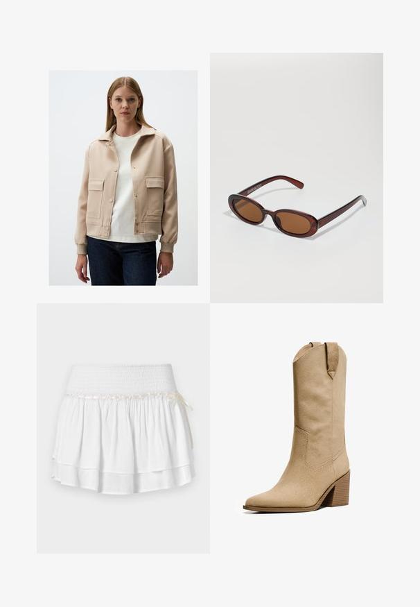 Beige jacket with a collared design, two front pockets, snap buttons, and ribbed cuffs; worn over a white shirt and dark jeans.; Light beige cropped cardigan made of soft knit fabric, featuring a round neckline, button closure, and ribbed cuffs and hem.; White linen top with adjustable straps and a deep V-neck. Features ruffled accents at the bust, with a relaxed fit and drawstring hem.; White tiered skirt with an elastic waistband, featuring a textured smocking detail and a decorative ribbon accent. Cotton fabric.; Bershka HIGH-HEEL - Cowboy/Biker boots - beige; Round, brown-tinted sunglasses with a glossy burgundy frame. Slim arms with subtle branding detail. Flat lens design.