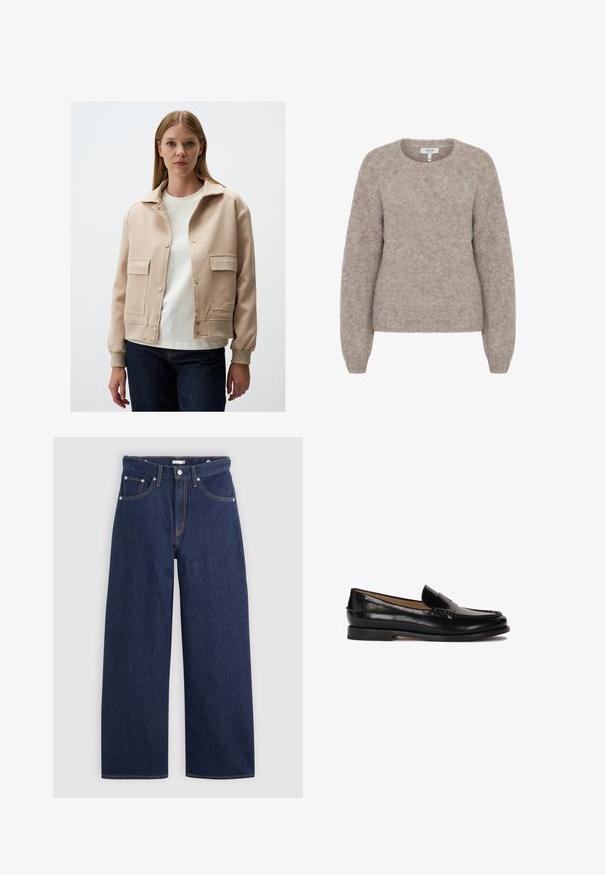 Beige jas met een kraagontwerp, twee voorzakken, drukknoopsluitingen en geribbelde manchetten; gedragen over een wit shirt en donkere jeans.; b.young BYMILLER - Trui - humus melange; Witte katoenen t-shirt met korte mouwen en een ronde hals. Bevat een roze label aan de binnenkant van de hals. Soepele textuur.; Donkerblauwe denim wijde broek met een hoge taille, voorzien van vijf zakken, riemlussen en details van koperkleurig stiksel. Gladde textuur.; Zwarte leren loafer met een ronde neus, instapontwerp en subtiele stiksels langs de bovenkant. Platte rubberen zool.