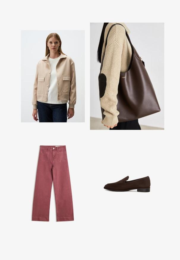 Beige jas met een kraagontwerp, twee voorzakken, drukknoopsluitingen en geribbelde manchetten; gedragen over een wit shirt en donkere jeans.; Witte katoenen t-shirt met korte mouwen en een ronde hals. Bevat een roze label aan de binnenkant van de hals. Soepele textuur.; Brede broek in een gedempte rozenkleur. Gemaakt van stevig materiaal, voorzien van twee achterzakken, knoopsluiting en riemlussen.; Bruine instapper met een gladde textuur, langwerpige vorm, lage blokhak en minimalistisch ontwerp. Geen zichtbare patronen of versieringen.; Bruine leren tote bag met een ruime indeling. Kenmerkt zich door een gladde textuur en een subtiele gouden logo. Gekoeld met een crèmekleurige gebreide trui.