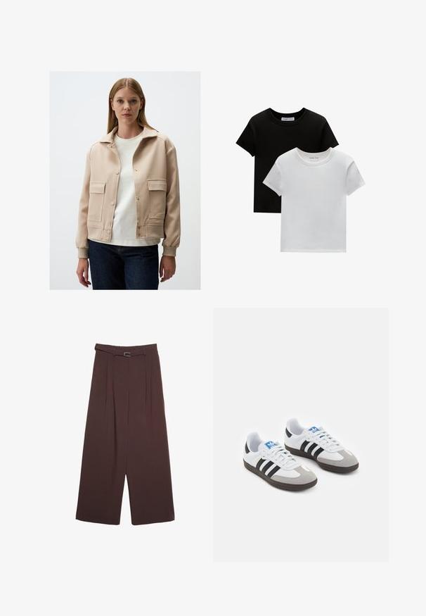 Beżowa kurtka z kołnierzem, dwoma przednimi kieszeniami, zatrzaskami i ściągaczami na mankietach; noszona na białej koszuli i ciemnych dżinsach.; Dwie koszulki z okrągłym dekoltem w kolorze czarnym i białym, wykonane z bawełny. Posiadają krótkie rękawy i jednolity kolor bez wzorów czy akcentów.; Stradivarius - Spodnie materiałowe; Buty sportowe z białą skórzaną cholewką, szarym zamszowym noskiem i trzema czarnymi paskami. Posiadają niebieskie logo na języku oraz teksturowaną gumową podeszwę.