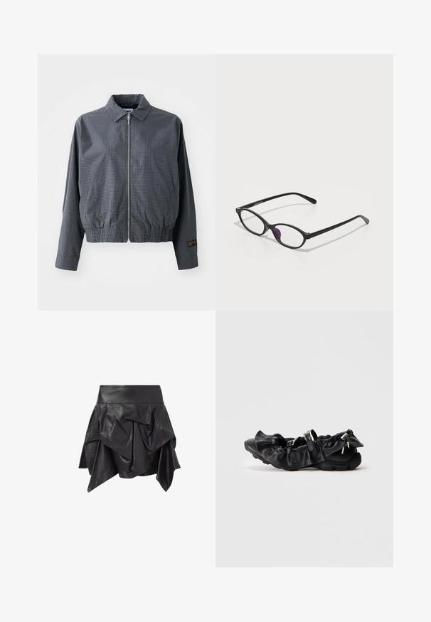 Šedá kostkovaná bomber bunda, lehká tkanina, zapínání na zip, límec, elastický spodní lem, boční kapsy a kontrastní logo na rukávu.; Tmavě šedý zkrácený svetr s vysokým žebrovaným límcem, ošuntělými okraji, stříbrnými očky a texturovanou pleteninou s třepícími se detaily.; Černá kožená sukně s rozšířeným, asymetrickým designem, s drapériemi a přiléhavým pasem. Hladká textura s lesklým povrchem.; Černá kožená bota s designem z řasené látky, stříbrnými kovovými doplňky, kulatou špičkou a texturovanou gumovou podrážkou. Boční pohled.; Černé plastové brýle oválného tvaru, vybavené průhlednými čočkami a jedním fialovým akcentem na levé čočce. Elegantní, minimalistický design.; Černá kožená taška přes rameno se strukturovaným designem, obsahující stříbrný řetěz a dvojité uši. Součástí je odnímatelný kožený popruh.