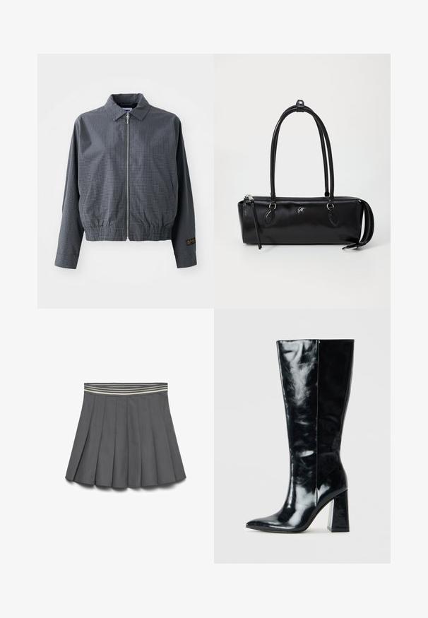 Šedá kostkovaná bomber bunda, lehká tkanina, zapínání na zip, límec, elastický spodní lem, boční kapsy a kontrastní logo na rukávu.; Kostkovaná flanelová košile v černé, bílé a šedé barvě. Obsahuje zapínání na knoflíky vpředu, dvě náprsní kapsy a dlouhé rukávy s knoflíkovými manžetami.; Tmavě šedá plisovaná sukně s pruhovaným elastickým pasem ve světlejších a tmavších odstínech, položená na bílé pozadí.; Černé kozačky po kolena vyrobené z lesklé kůže, s špičatou špičkou a mohutným geometrickým podpatkem s hladkým povrchem.; Černá kožená kabelka obdélníkového tvaru, hladké textury, se dvěma uchy, zipovým uzávěrem a malým logem na přední straně.